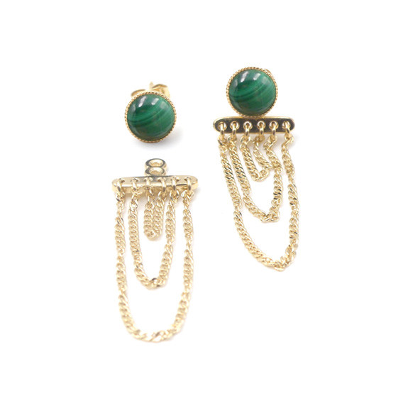 Boucles d'oreilles Ariane pendants chaînes - Malachite