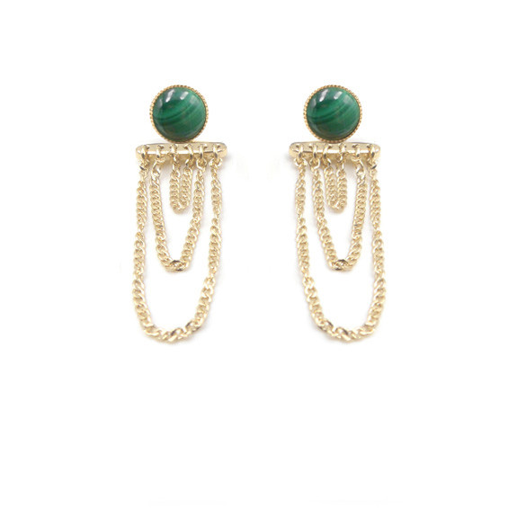 Boucles d'oreilles Ariane pendants chaînes - Malachite