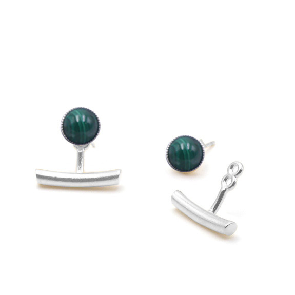 Boucles d'oreilles Ariane pendants barres argent - Malachite 