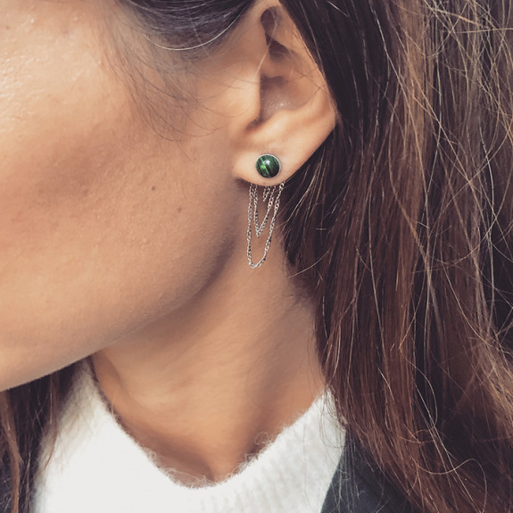 Boucles d'oreilles Ariane pendants chaines - Malachite et Palladium